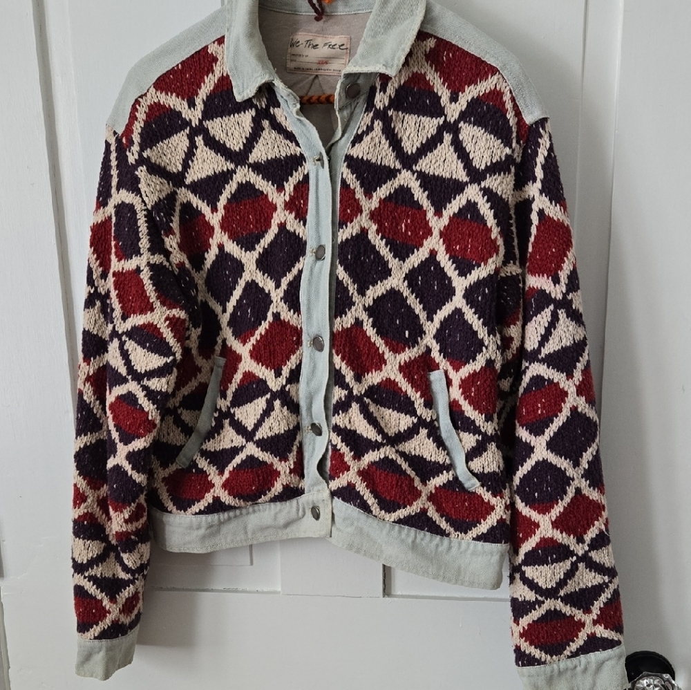 We The Free Red And Brown  Geometric Jean Jacket